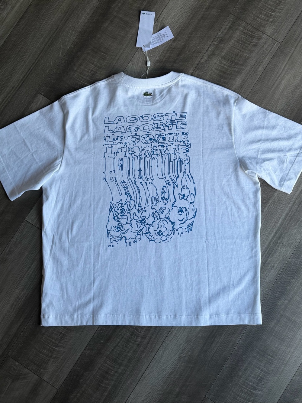 Lacoste White Tee with Blue Graphic Back Print